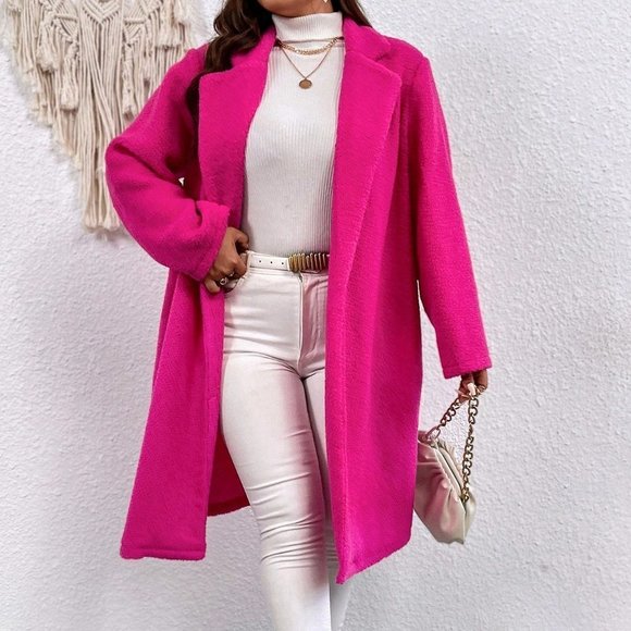 Pink Preppy Womens Lapel Neck Open Front Teddy Lined Coat - Picture 4 of 5